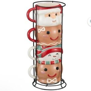 NWT -Christmas 12oz Glazed Stoneware
Ceramic Stacking Mug Set with Metal Caddy